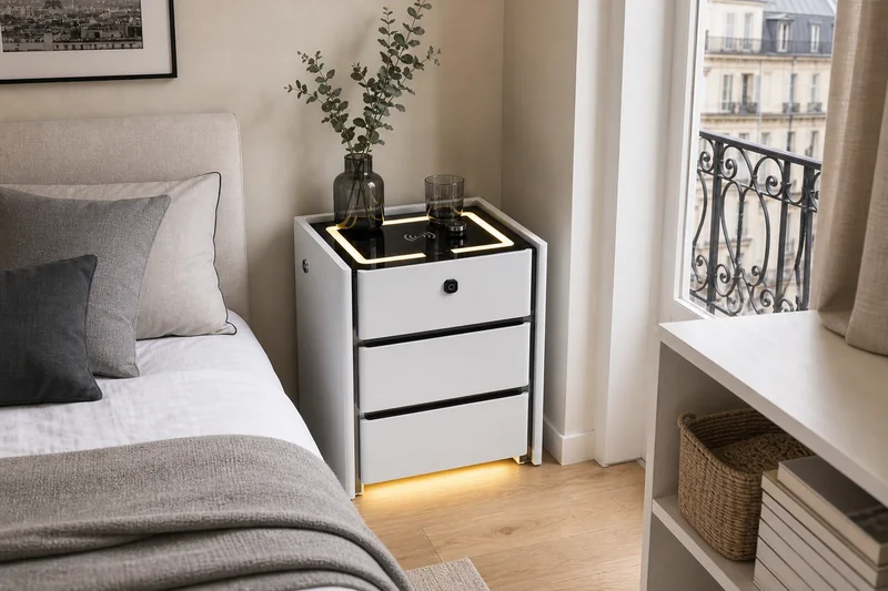 Table de chevet intelligente compacte dans un petit appartement français