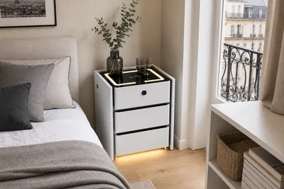 Table de chevet intelligente compacte dans un petit appartement français